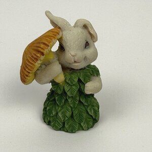 Vintage Bunny Ceramic Figurine Wearing Dress of Leaves Holding Mushroom Umbrella